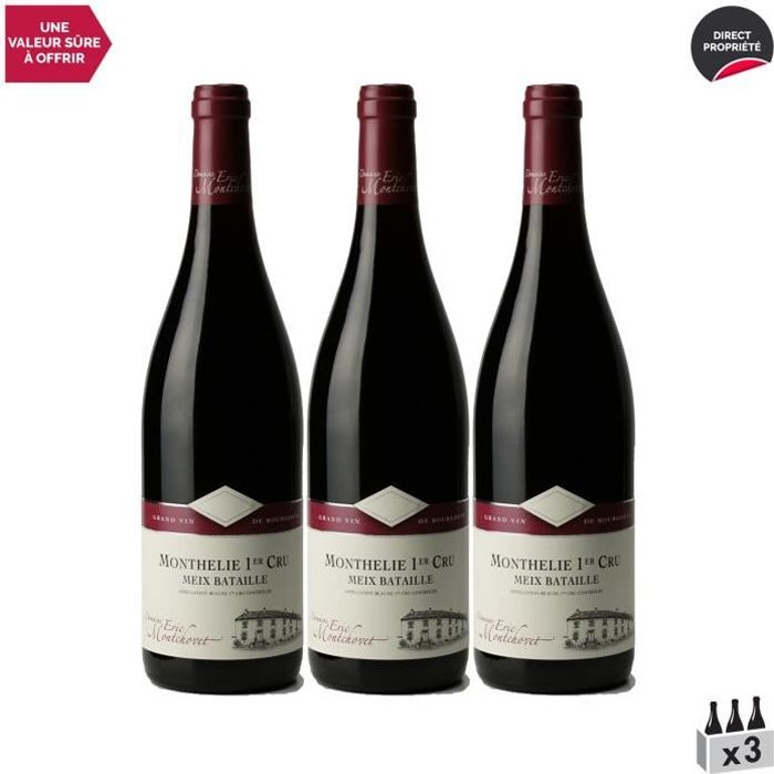 Monthélie 1er Cru Le Meix Bataille Rouge 2015 - Lot de 3x75cl - Domaine Eric Montchovet - Vin AOC Rouge de Bourgogne
