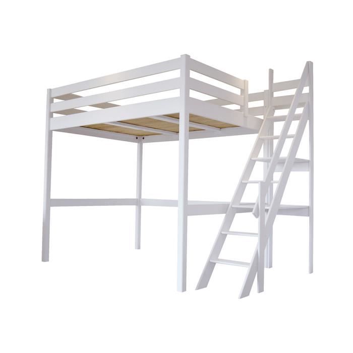 Lit Mezzanine Sylvia avec escalier de meunier bois - Couleur - Blanc, Dimensions - 120x200