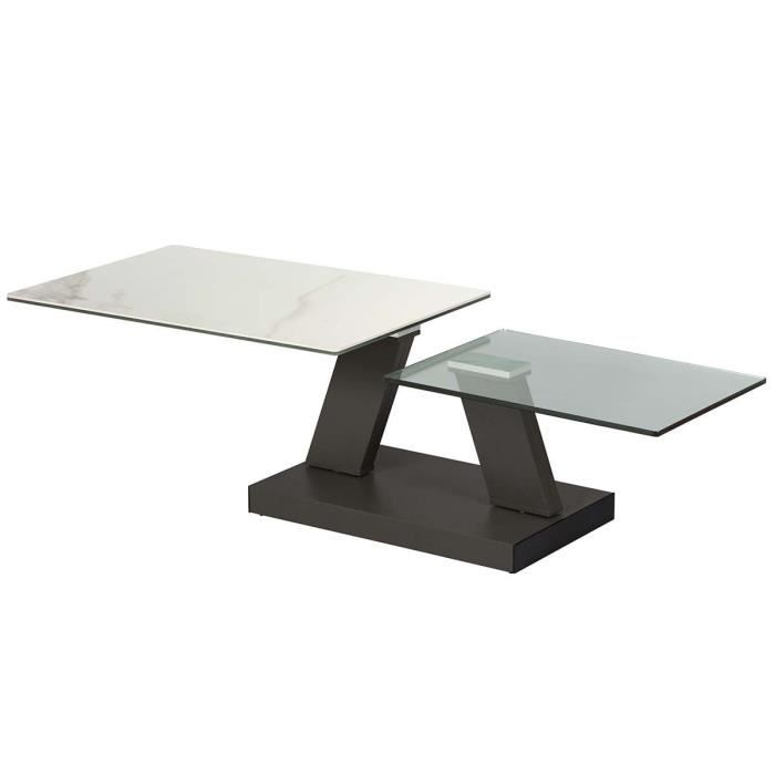 Zehra - Table Basse Plateaux Verre Marbre Blanc