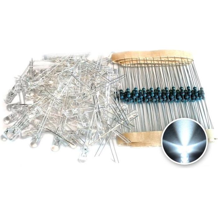 5mm LED lumière blanche Diode + Resistor 100Pcs en 1 Set