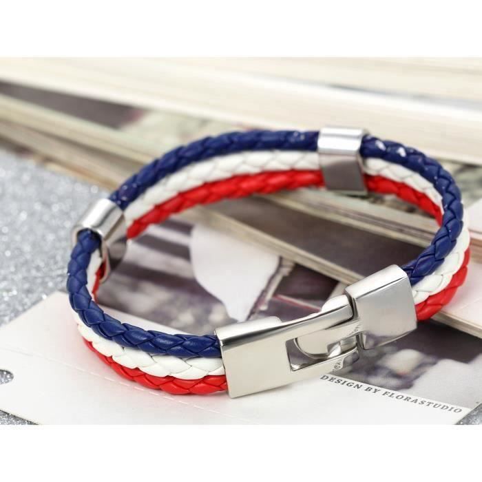 FESTIVUS Bracelet Cuir Drapeau France Emblème National Francais Alliage Fantaisie pour Femme et Homme Couleur Blanc Bleu Rouge