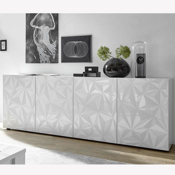 Buffet 4 portes blanc laqué design avec sérigraphies PAOLO Blanc L 241 x P 42 x H 84 cm