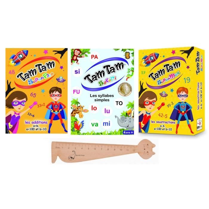 Lot Tam Tam 3 jeux : SuperPlus + SuperMax + Safari Les Syllabes Simples + 1 Règle Marque-Page en Bois Blumie