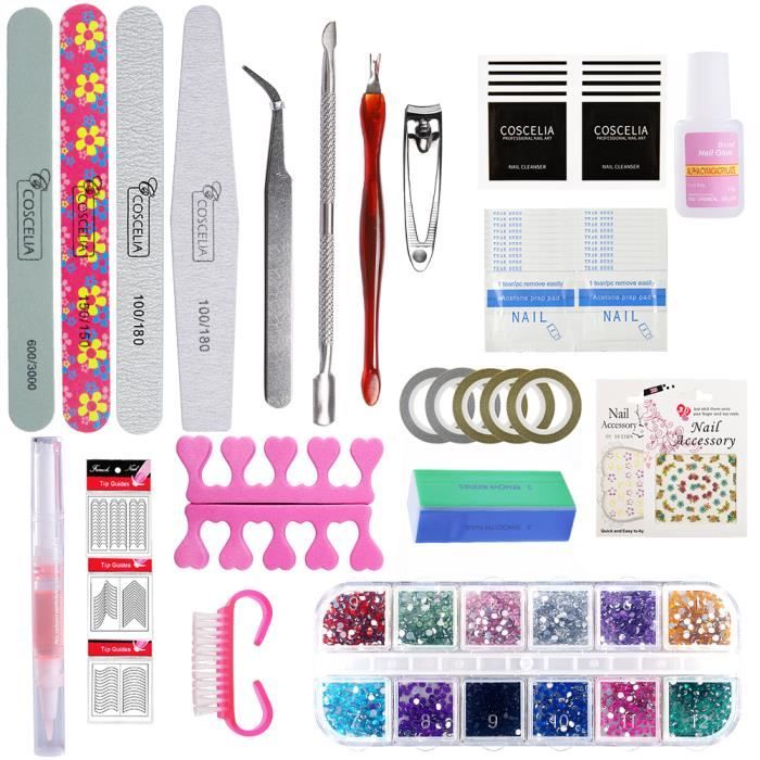 Coscelis Kit Nail Art Accessoires Limes Stickers Strass Couelurs Décorations à Ongle Remover Vernis Semi Permanent Dissolvant Outils
