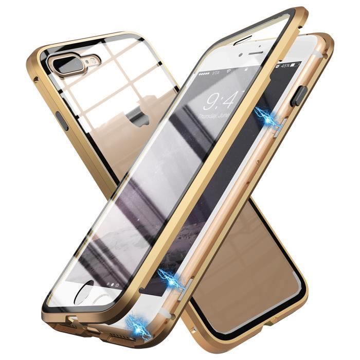 GrandEver Coque iPhone 7 Plus/8 Plus Adsorption Magnétique Verre Trempé Bumper Ultra Mince Anti-Rayures Antichoc Dur Cas Or