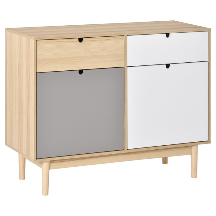 Buffet design scandinave 2 placards tiroirs coulissants MDF multicolore blanc gris bois clair