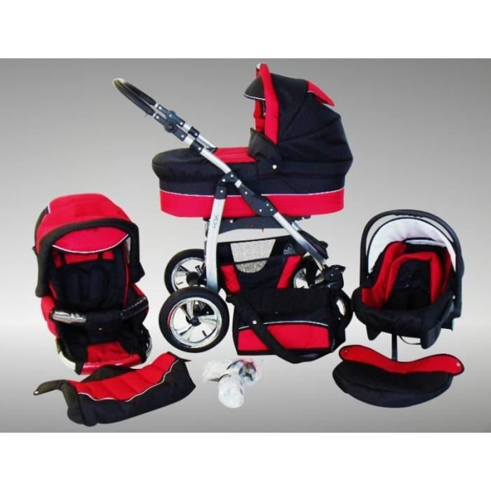 Dino Poussette Trio Nacelle Poussette Canne Siège auto Parasol Accessoires 23 rouge & noir