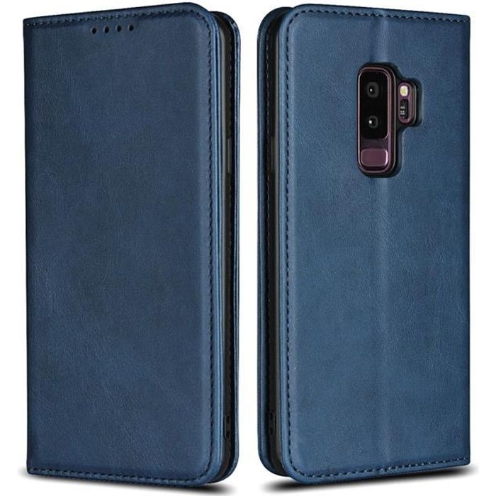 Galaxy S9 Plus Coque portefeuille en cuir véritable étui,fermé cover avec support pour Samsung Galaxy S9 Plus 6.2- - Bleu
