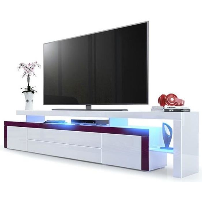 Meuble tv Mûre / Blanc laqué 227 cm avec led