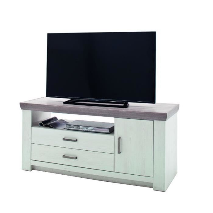 Meuble TV en pin blanc et chêne Neslon - L.180 x H.66 x P.56 cm