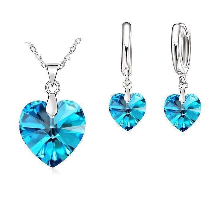 Parure Bijoux - Femme - Coeur - Cristal Autrichien - Bleu - Lagon - Argent 925/1000 - 4 Pièces