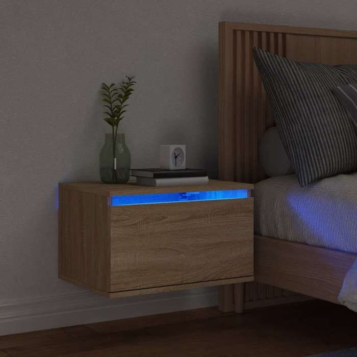 vidaXL Table de Chevet Murale avec Lumières LED Armoire de Nuit Table de Nuit Armoire de Chevet Chambre Moderne Chêne 836830