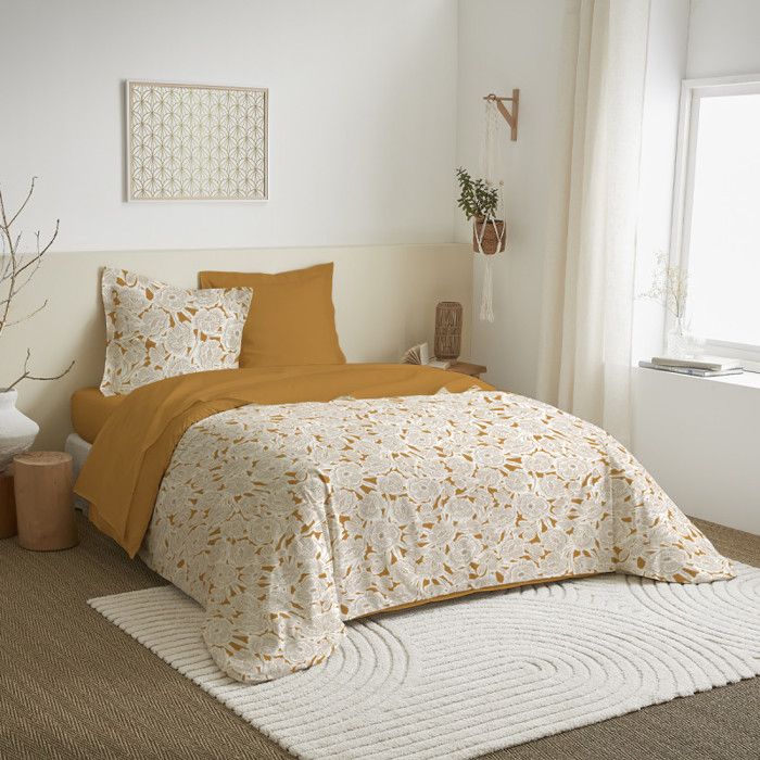Parure de draps 4 pièces - MATIN CALIN - Agathe moutarde - 100% Coton - 57 Fils/cm² - Hypoallergénique