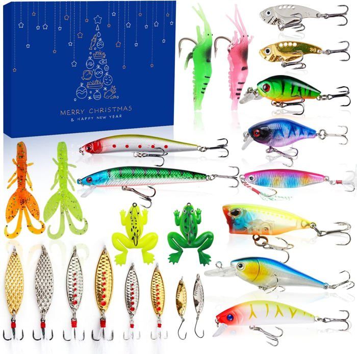 Calendrier De L’Avent Pêche 2025 – 24 Jours De Leurres Et Appâts (flottants, Cuillères, Grenouilles…) – Cadeau Pour Pêcheur, Père, Mari, Fils – Boîte Métal + ABS