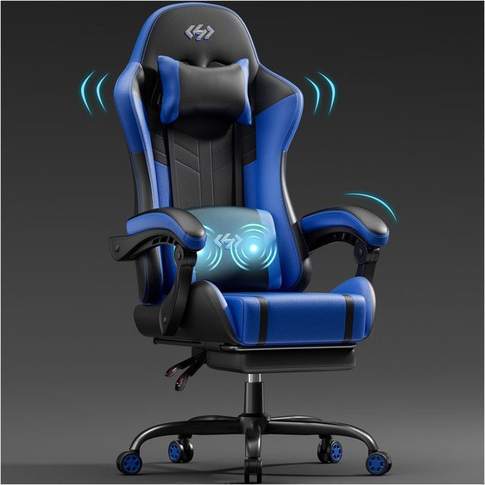 ECOFURNIX Chaise Gaming avec Coussin Lombaire Massant et Repose-Pieds Fauteuil ergonomique à ressorts ensachés Noir et Bleu