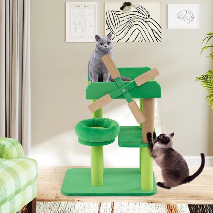 Comparer les prix de Arbre à Chat Multi-niveaux 60 cm COSTWAY, Moulin à Vent, Poteau à Gratter, Plateforme Ronde, Perchoir avec Baffles Anti-chute