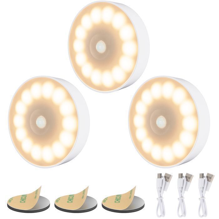 3 Pièce Veilleuse Détecteur de Mouvement 14 LEDs Veilleuse à Induction 3 Modes pour Armoires Escaliers Couloirs Jaune Chaud