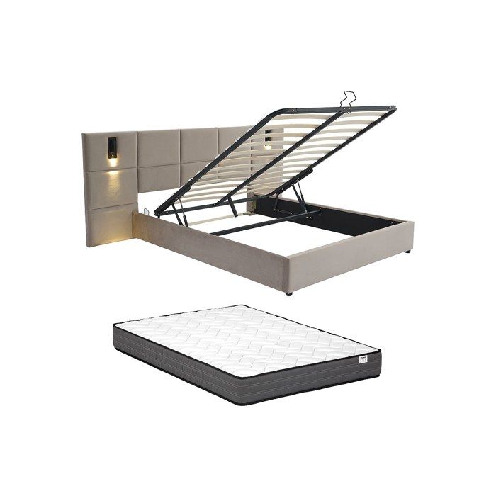 Lit coffre 180 x 200 cm avec tête de lit et lampe intégrée - Velours - Taupe + Matelas - SARETO Lit coffre 180 x 200 cm avec tête de lit et lampe intégrée - Velours - Taupe + Matelas - SARETO