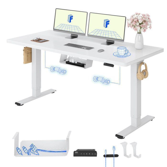 FlexiSpot Bureau Assis Debout avec 2 MoteursPlateau Une Pièce 140×80 100kg ChargeFonctions Mémoires et Anti-CollusionBlanc+Blanc