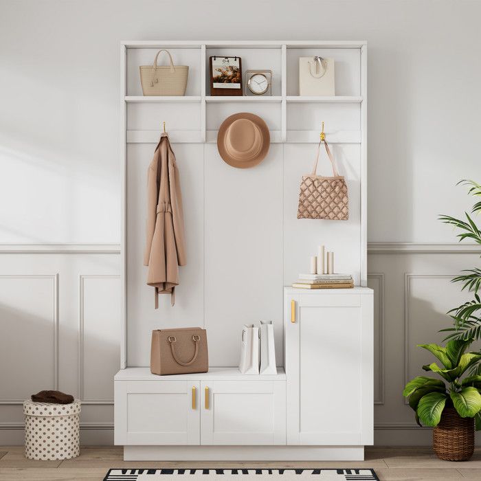 Vestiaire dentrée avec Meuble a chaussures et banc Meuble entree avec rangement rectangulaire et étagères Blanc 120x40x200 cm