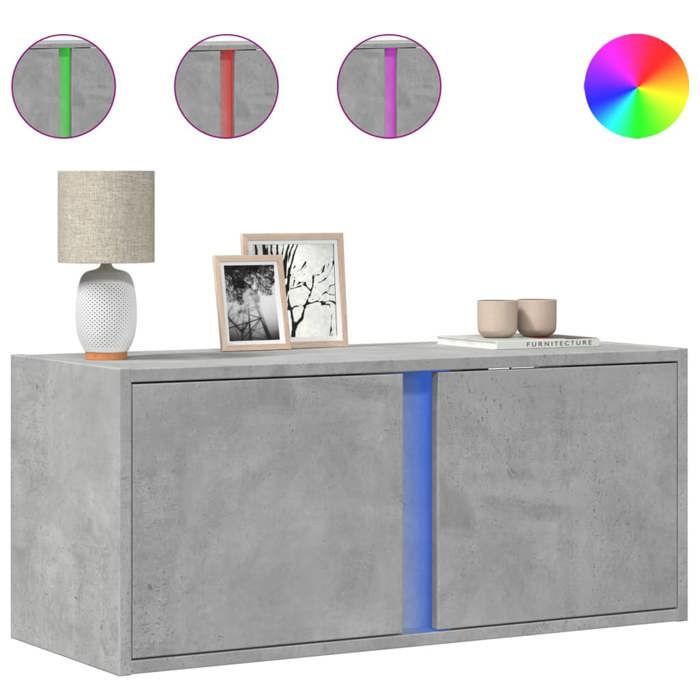 “RabaisMeuble TV/Armoire salon - Banc TV - KENNETH - mural avec lumières LED gris béton 80x31x35 cm Août896620