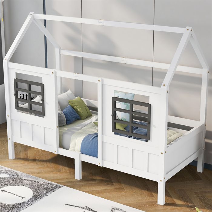Lit cabane enfant 90 x 200 cm blanc en pin et MDF 2 fenêtres sommier inclus (capacité 100 kg)