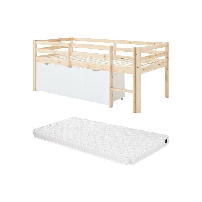 Lit mi-hauteur 90 x 190 cm avec rangement - Pin et MDF - Coloris : Naturel et blanc + Matelas - LANIORI