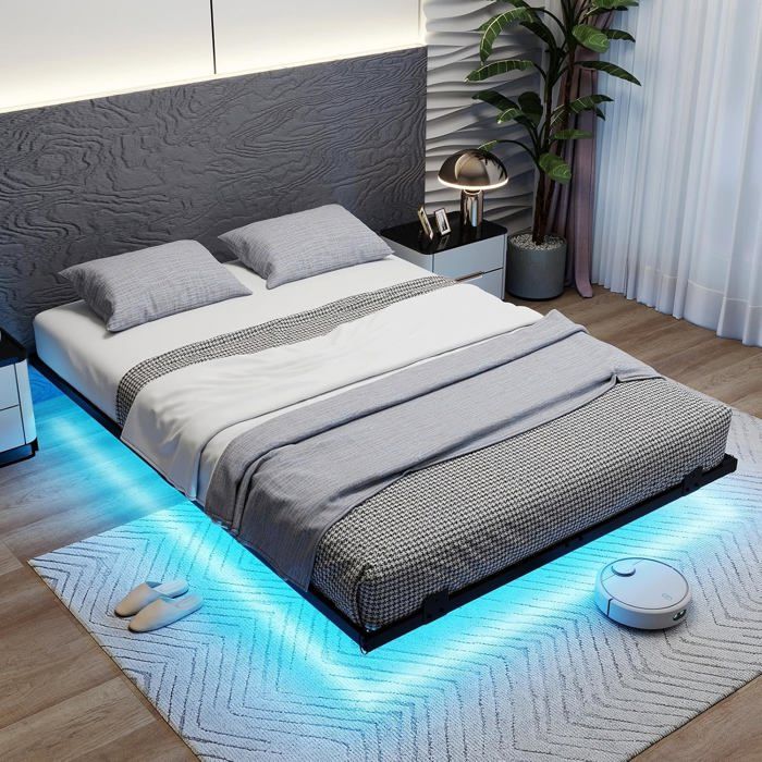 Structure de Lit Flottant 200 x 140 cm COSTWAY Éclairage LED Butée Anti-Glissement pour Matelas 12 Lattes en Métal Charge 400kg