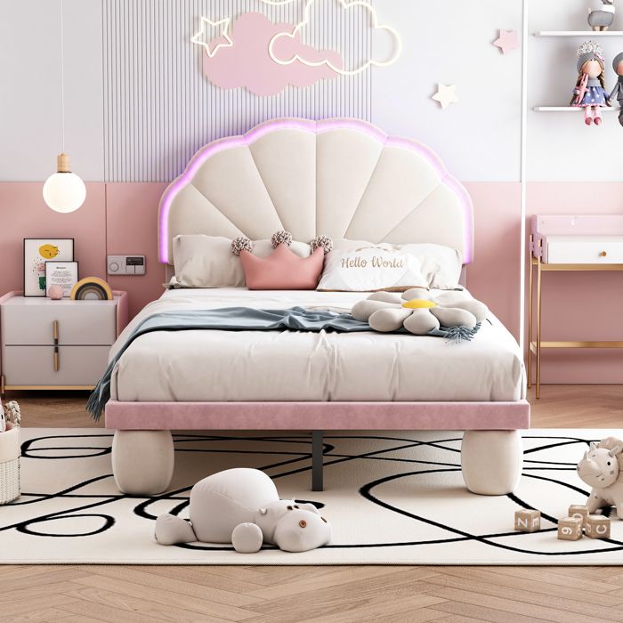 Lit enfant capitonné 90x200 cm velours beige/rose avec LED multicolore sommier à lattes (sans matelas)