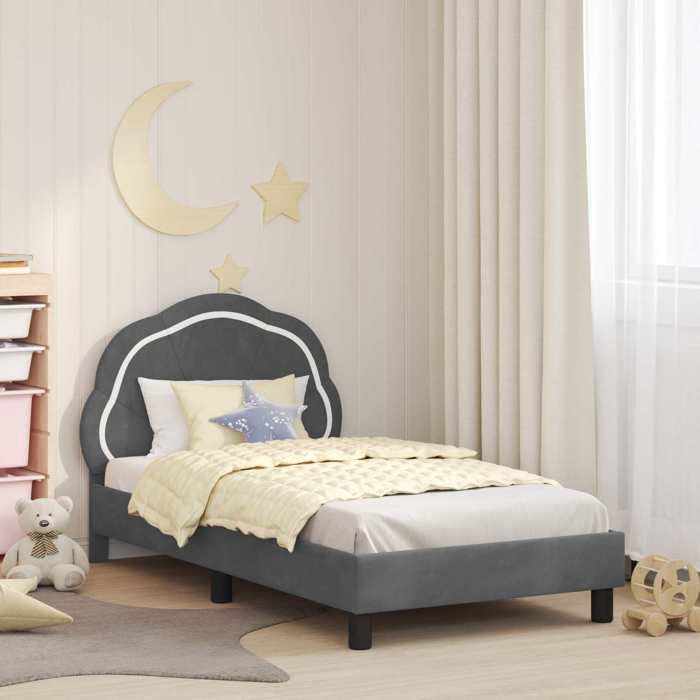 Lit pour enfants avec tête de lit - UU - Gris foncé - Velours - 168x93 5x85 cm - Poids maximal 140 kg - Cadre à lattes