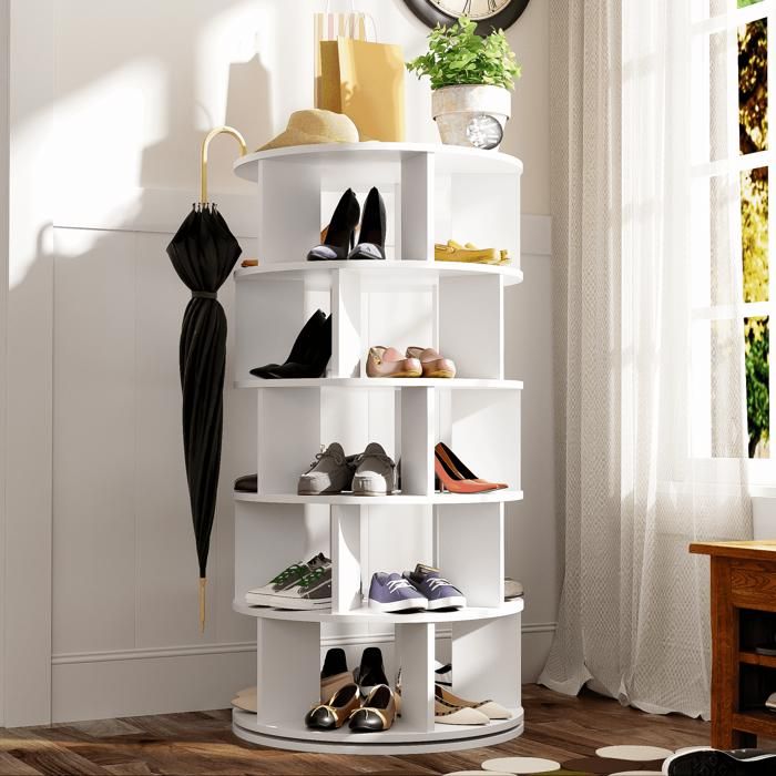 Régal à chaussures - HIBA - rotatif dangle - Blanc - 5 étagères - Hauteur 115 cm