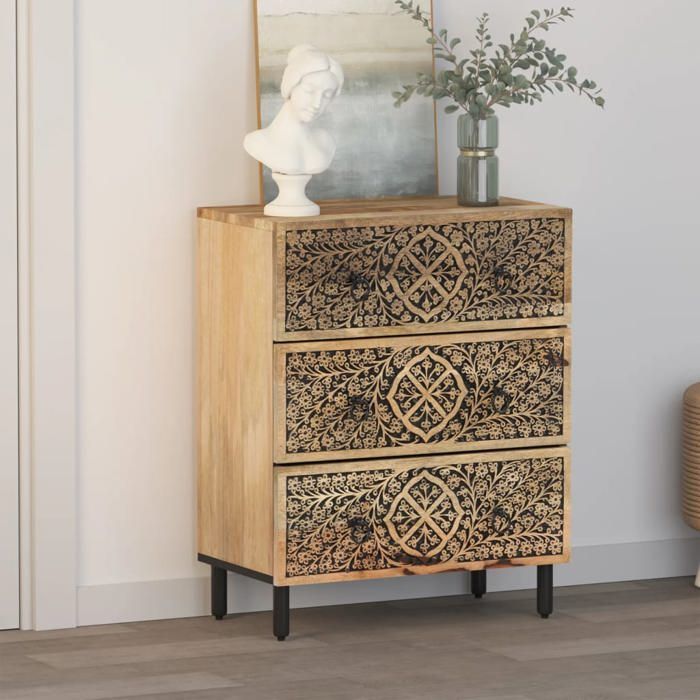 （SOLDES Janvier)Commode dangle - Buffet Bas Salon - Buffet de rangement - Meuble latérale 60x33x75 cm bois massif de manguier 03_79