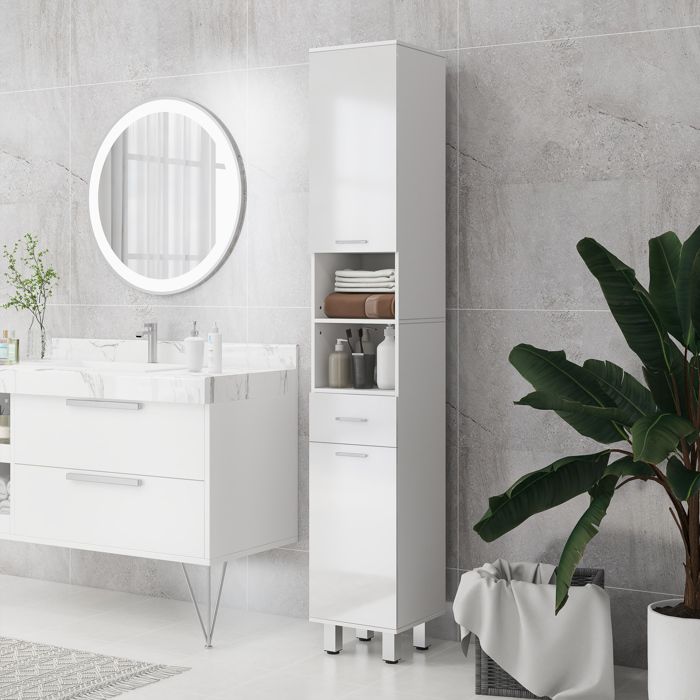 Colonne de salle de bain - AKOZON - Colonne étroite 30x30x180 cm - Blanc brillant - Étagères réglables - Tiroir et 2 placards