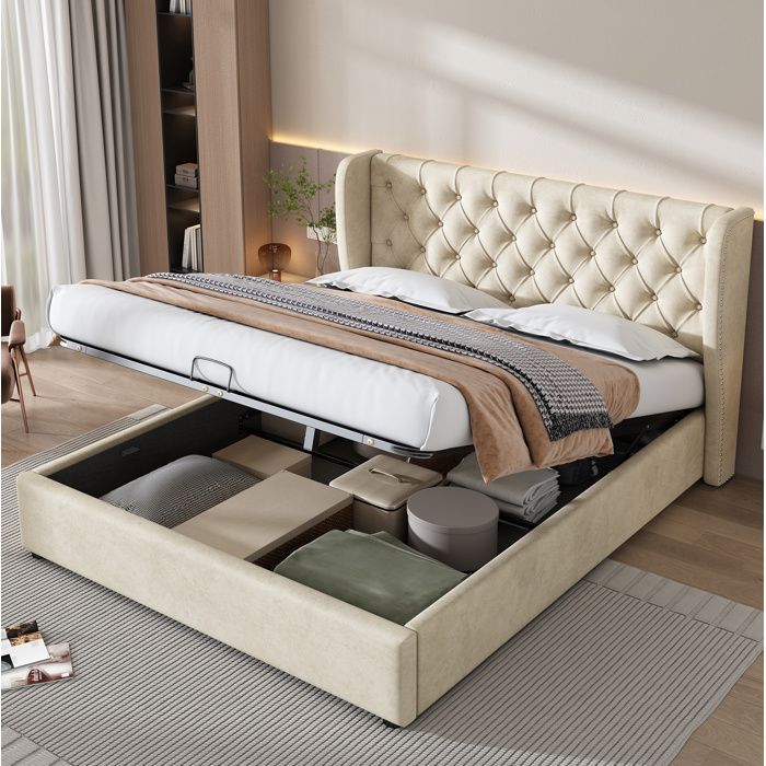 Lit coffre 180 × 200 cm en velours beige style Chesterfield