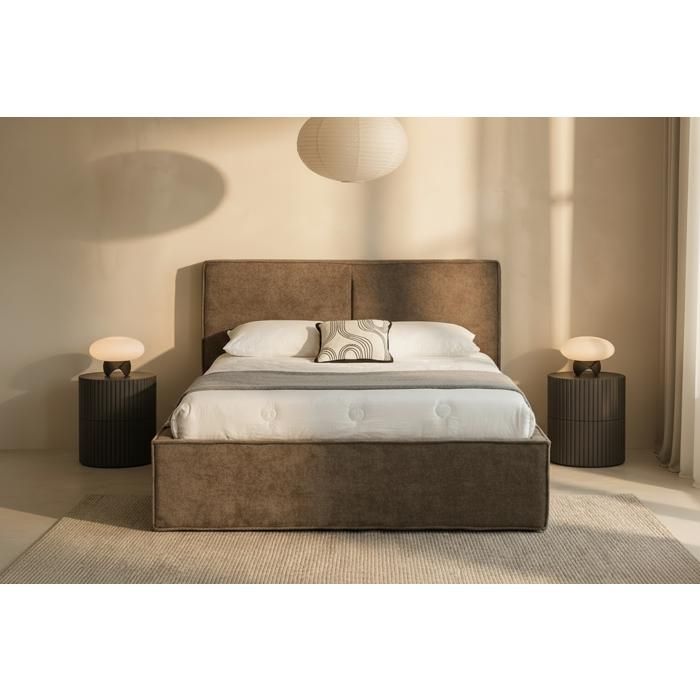 Lit coffre double tissu chenille moka sommier relevable 160x200 cm OLIVIA