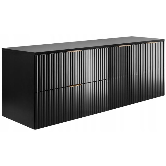 Meuble sous Lavabo FLOW 160 cm - Façades rainurées - avec plan de travail et étagère - Noir - 160x46x57 cm