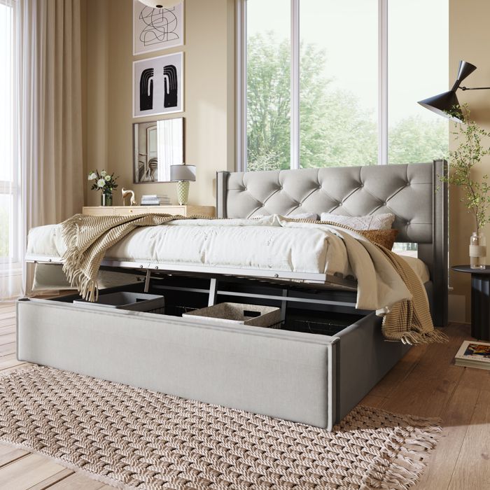 Luscriate - Lit coffre 160x200 cm lit capitonné lit double avec hydraulique et rangement coton - gris clair