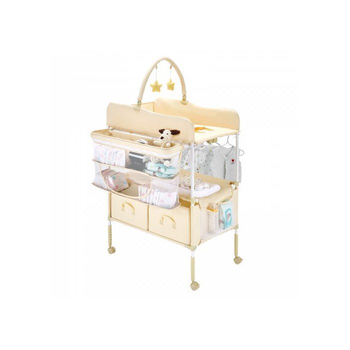 Table à Langer Pliable Plan à Langer 2 Tiroirs en Tissu Panier Latéral et Tringle de Suspension Meuble pour Bébé Réglable en