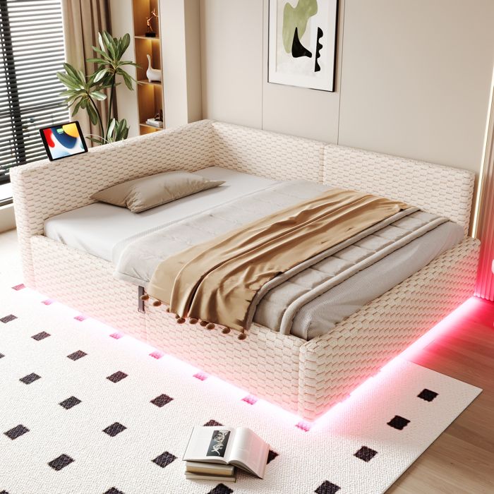 Canapé-Lit Méridienne Velours Beige 140x200 – Coffre Hydraulique Dossier L LED USB Type-C Sommier à Lattes Sans Matelas