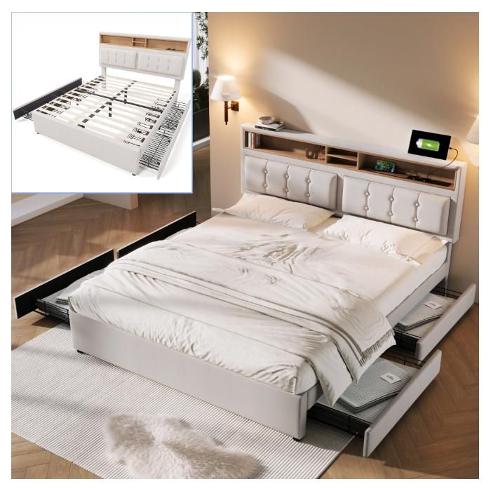 Lit double avec tiroirs - 140x200 cm - Beige - Lin - Tête de lit réglable - Prise USB et Type-C - 4 tiroirs