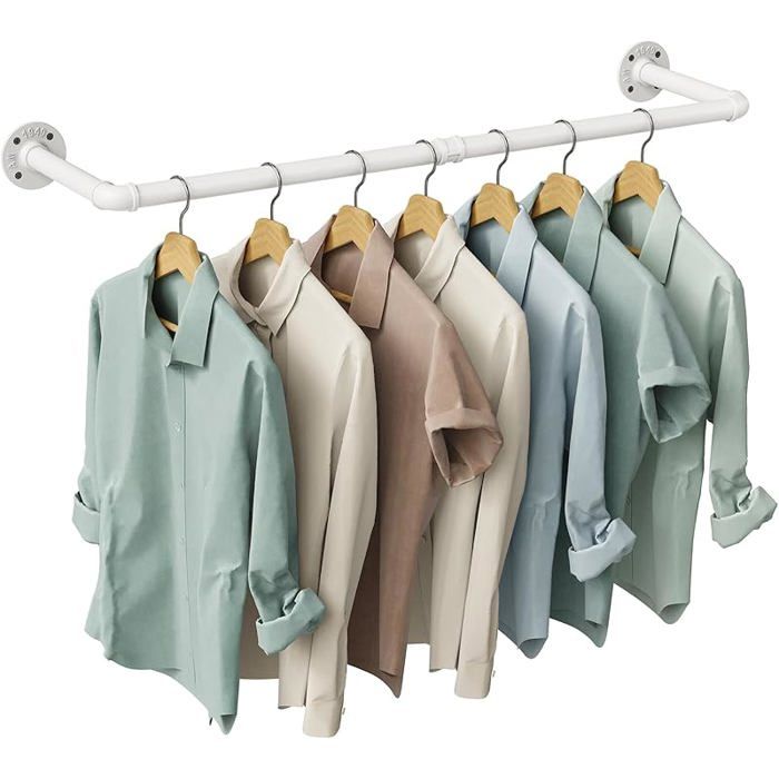 Tringle à vêtements industrielle fixée au mur porte-vêtements mural de 92 cm en tuyau métallique rétro Blanc Paquet de 1