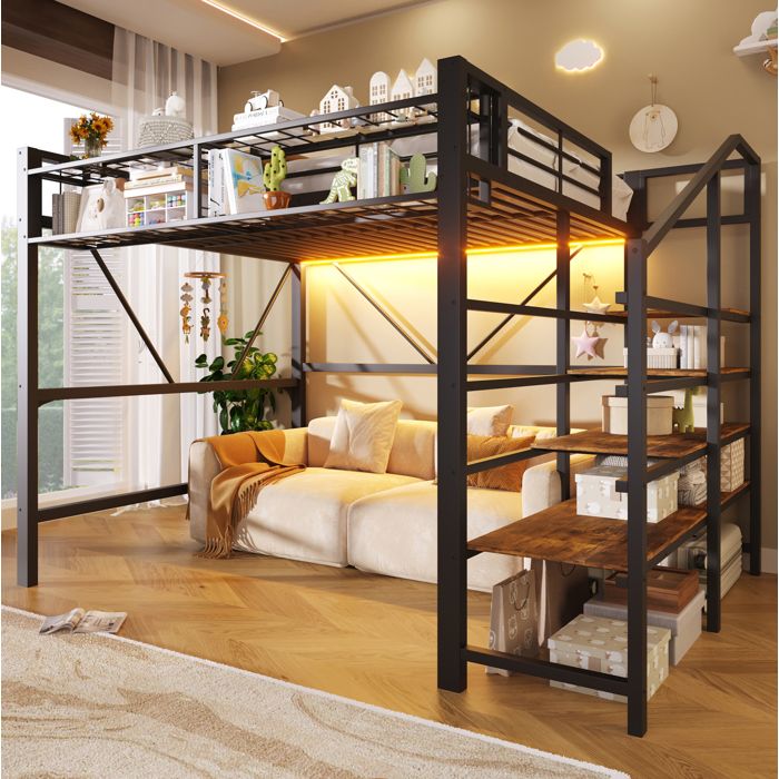 Lit mezzanine 140 x 200 cm en métal et MDF noir avec LED étagère à marches rangement ouvert sans matelas