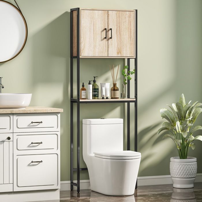 Meuble au-dessus des WC 64 x 19 x 178 cm naturel 2 portes étagère réglable niche ouverte gain de place