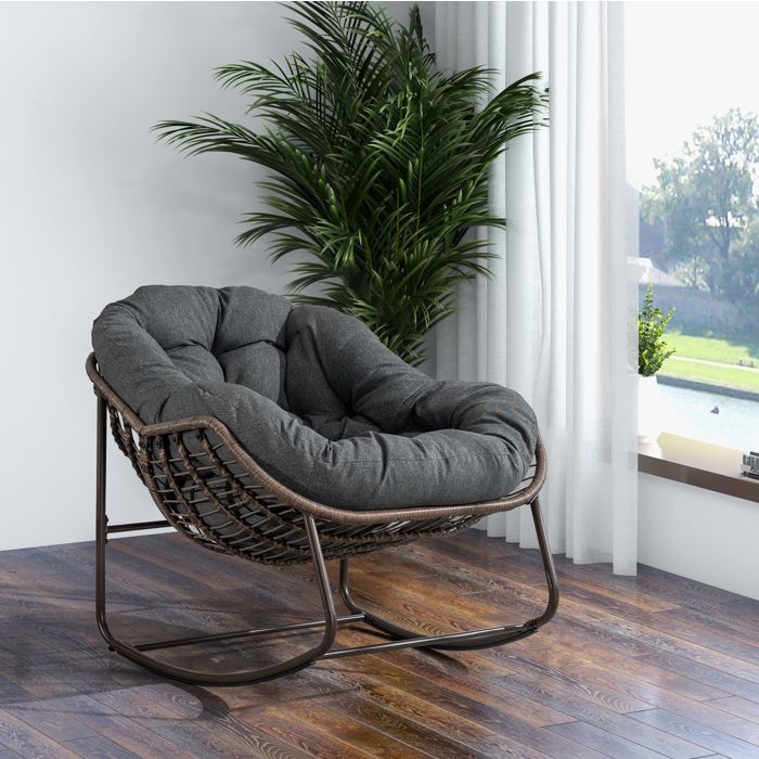 Fauteuil à bascule de jardin œuf 1 place en résine tressée gris foncé avec coussin épais acier intérieur extérieur