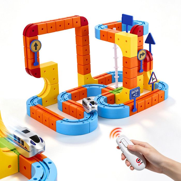 Cube Track set de 149 pièces Kit de chemin de fer électrique avec télécommande 2 trains (1 télécommandé) – Flexible 3D DIY