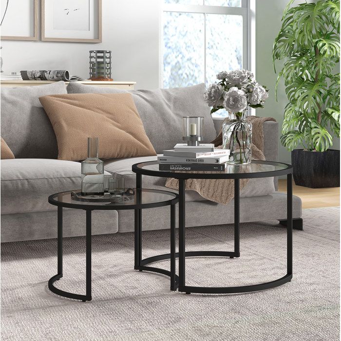JOINERY Table basse plateau verre trempé- Lot de 2 -70/54 cm -Style Moderne - Noir- table de salon - Ronde modulables empilables