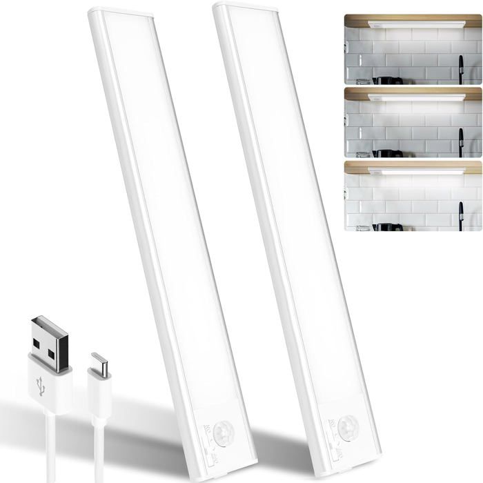 Reglette Led Sous Meuble Cuisine 24cm 6500k Lumière avec Detecteur De Mouvement Interieur 1500mAh Lampe Rechargeabl LAMPE A POSER