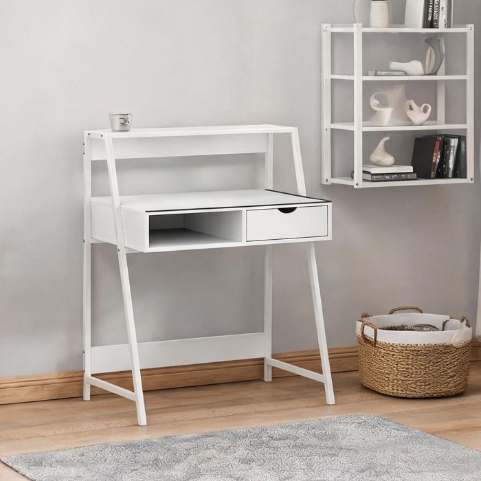 Bureau secrétaire blanc style néo-rétro avec tiroir et étagère plateau 80x50 cm