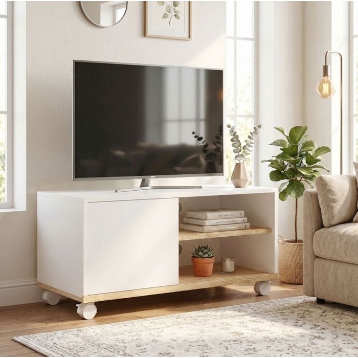 Meuble TV à roulettes avec frein 2 niches 1 porte et passe-câbles pour salon blanc et chêne 80 cm - UVRION
