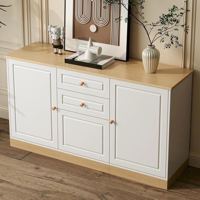 Buffet - KOMHTOM - 135 5x39x76 cm - 3 portes 2 tiroirs - Blanc et bois - Contemporain multifonction Buffet - KOMHTOM - 135 5x39x76 cm - 3 portes 2 tiroirs - Blanc et bois - Contemporain multifonction